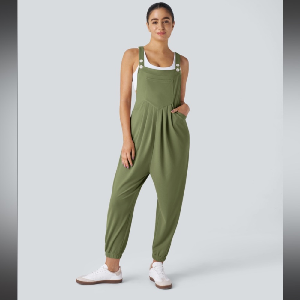 NWT Halara Waffle Casual Jogger Overalls Sz M Olive Green Elastic Ankle Pockets